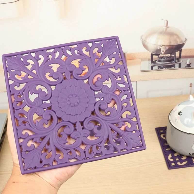 3Pcs/Set Square 3D Embroider Silicone Placemat Tableware Oil Resistant Heat Insulation Tablemat Coaster