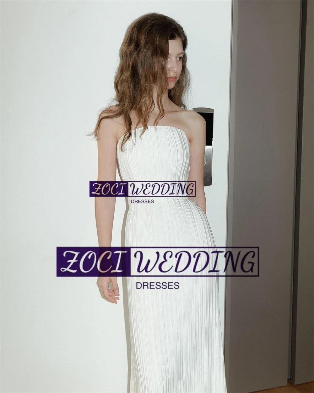 Zoci Luxury Strapless Wedding Dresses Sleeveless Pleats Satin Draped Korea Photos Shoot Dress Customized Backless Bridal Gown