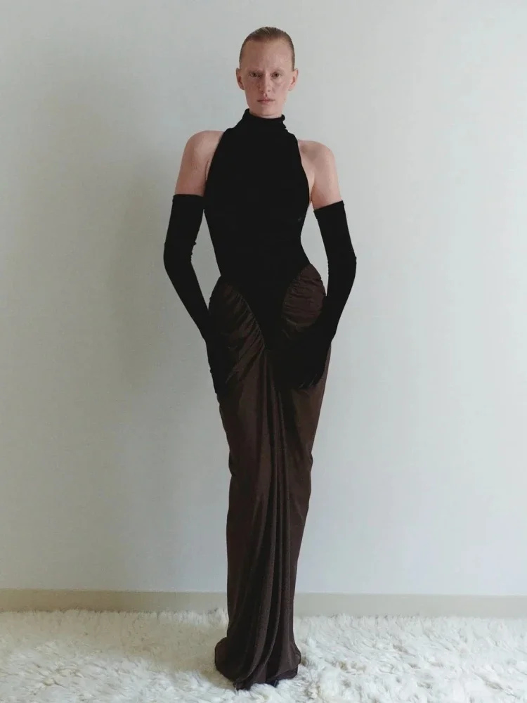 Sexy High Neck Samt Patchwork Geraffte Langes Kleid mit Handschuhen Frauen Ärmellose Bodycon Runway Promi Abend Party Kleider