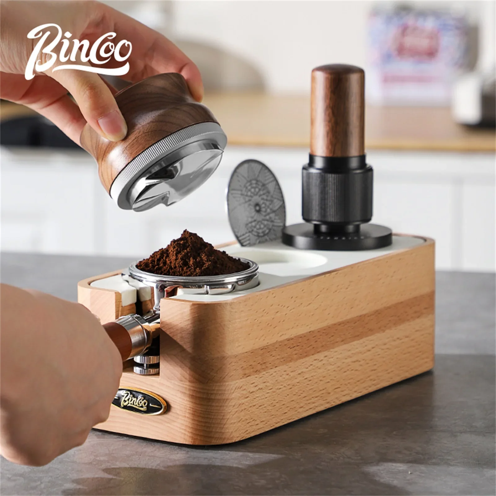 

Bincoo Solid Wood Coffee Tamping Stand Tamper Station Set Fits 51/58mm Portafilters Espresso Distributor Base Home Barista Tools