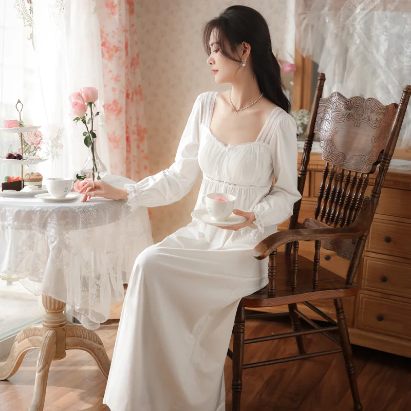 Women Long-sleeved Cotton Nightgowns Retro Court Style Princess Nightdress Square Collar Long Pajamas Lace Sexy Home Clothes