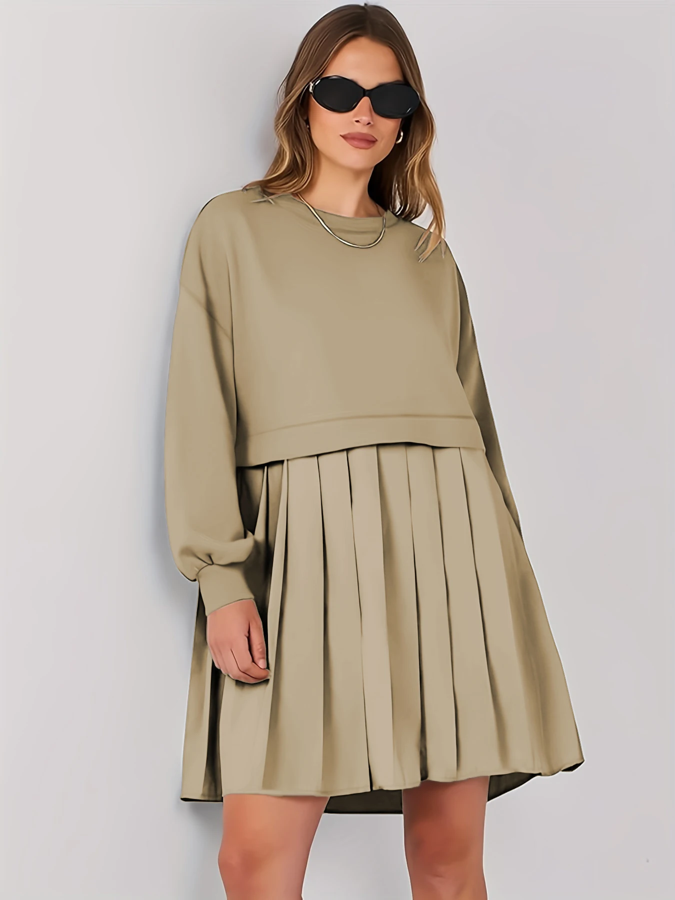Solid Color Plus Size Fake Two Piece Mini Dress, Women Round Neck Full Sleeve Oversized Pleated Skirt Dress Casual Loose Bubble Sleeve Outfit Multi Colors For Daily Date Party Gathering