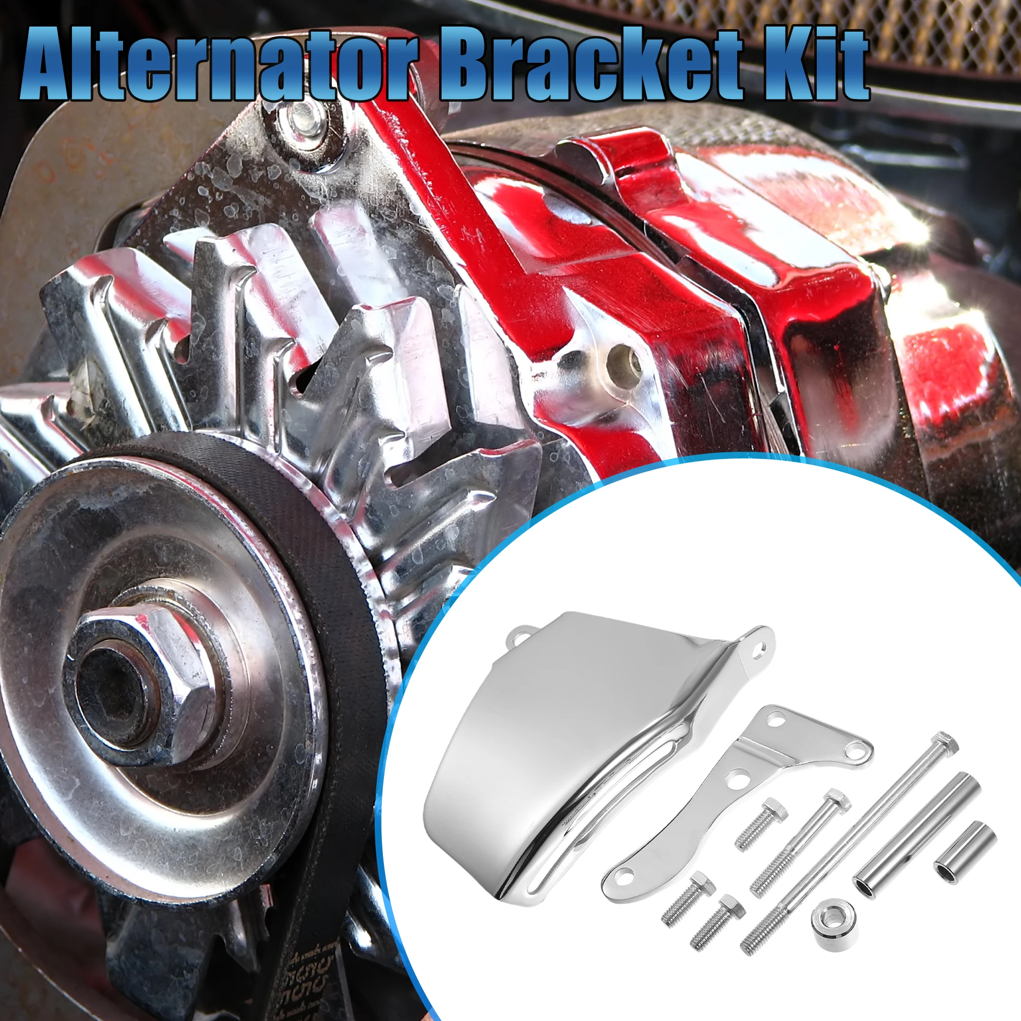 UXCELL 1 Set Passenger Side Aluminum Alloy Polished Long Water Pump Alternator Bracket Kit for Chevy SBC 305 350 Silver Tone