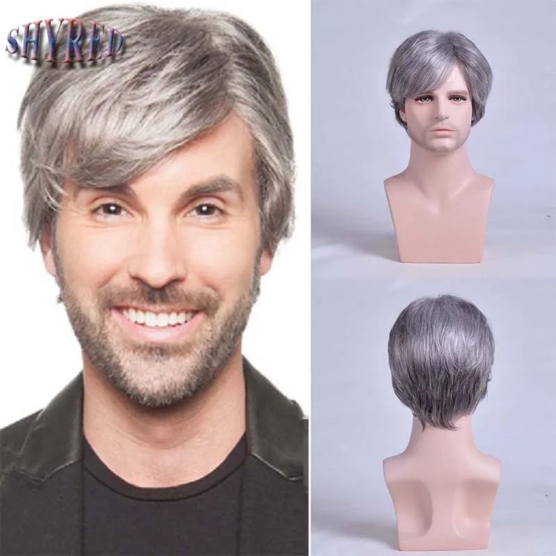 

Short Male Straight Synthetic Wig For Men Gray Pixie Cut Toupee Wavy High Temperature Fiber Heat Resistant Wigs