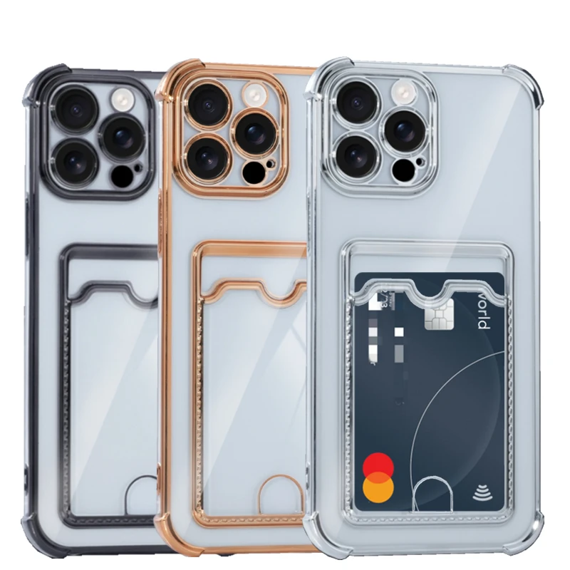 

Transparent Soft Card Holder Bag Case For iPhone 17 16e 16 15 14 13 12 mini 11 Pro X XR Xs Max 7 8 Plus Shockproof Plating Cover