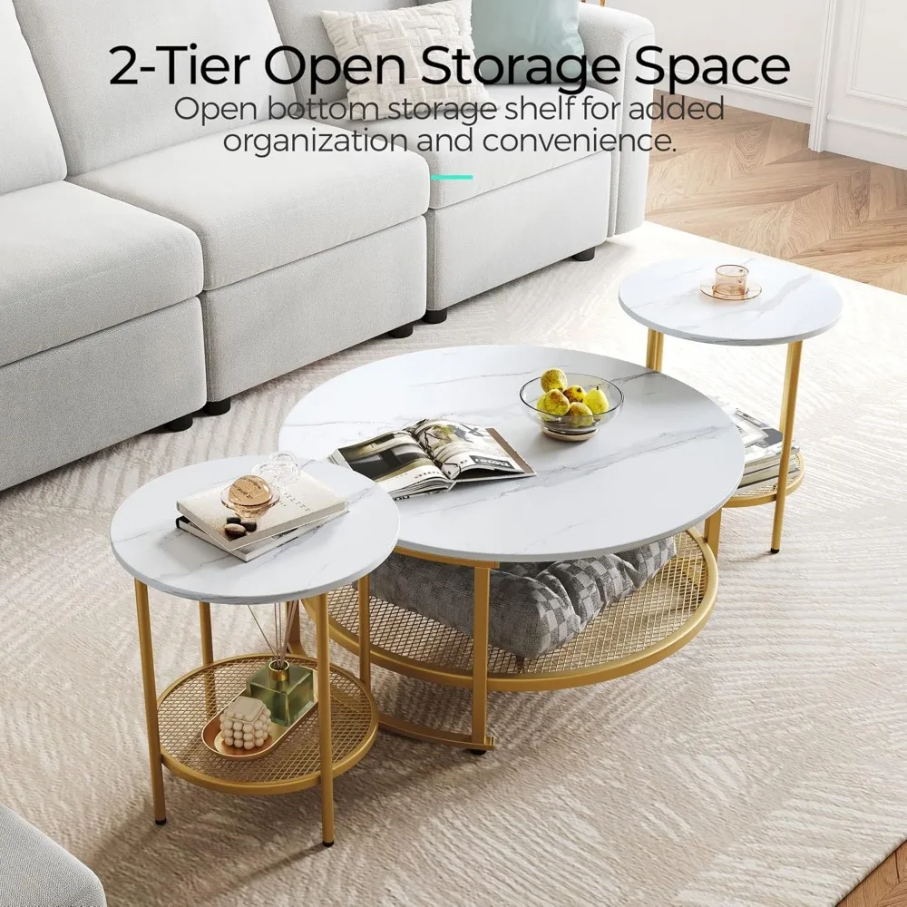 Home Round Coffee Table Set of 3 for Living Room, Modern Coffee Table with Open Storage Legs Large Circle Coffee Table