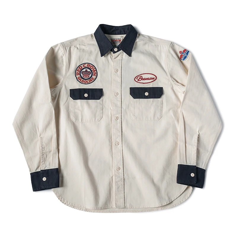 Bronson Gas Station Embroidery Patch Work Shirt 1950s Retro Men Long Sleeve Shirt