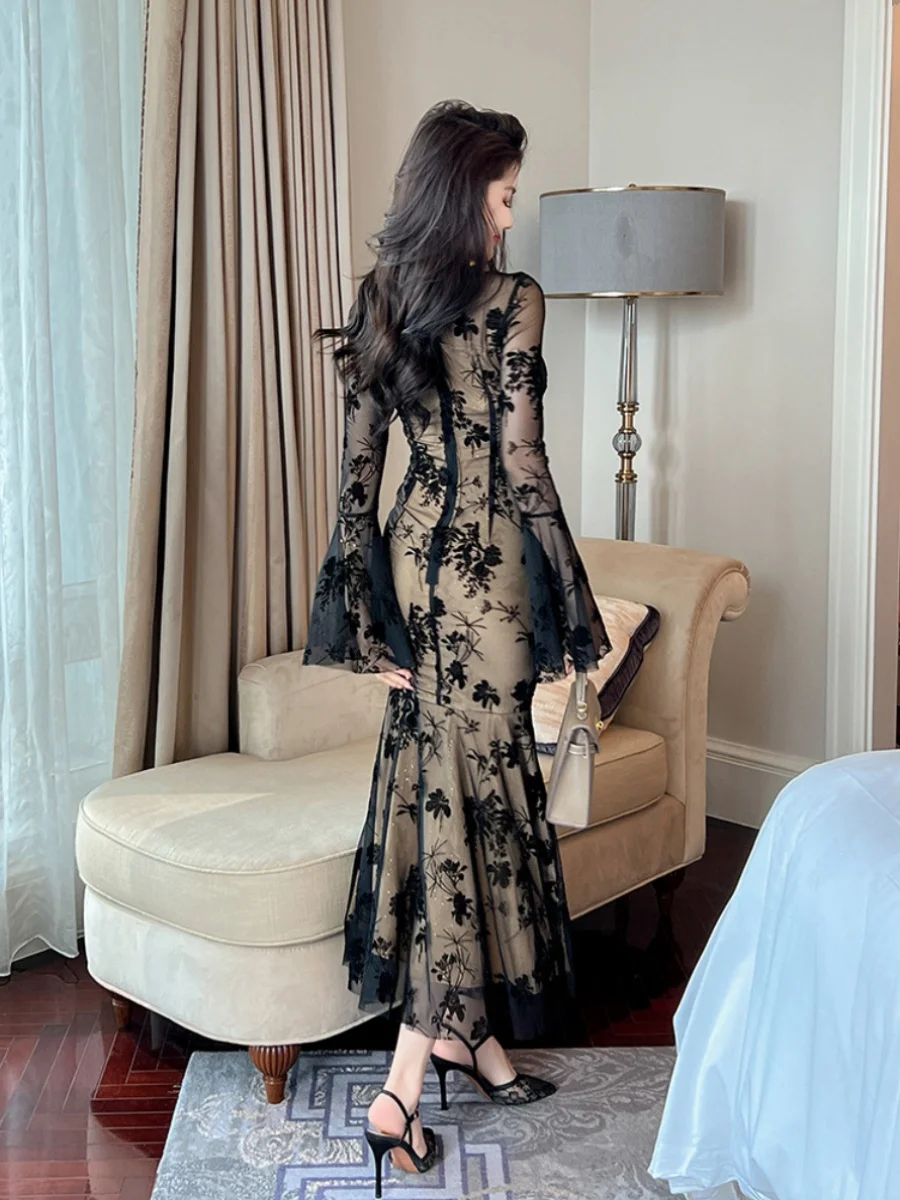 Vestido Largo de Gasa con Cintura Alta y Cola de Sirena, Cierre de Cremallera, Silueta en Forma de H, Estampado Floral...