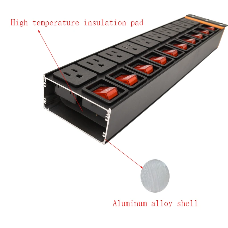 10 unit PDU Power Strip Network Cabinet US Sockets Outlet Independent switch control 16A aluminium alloy Sockets