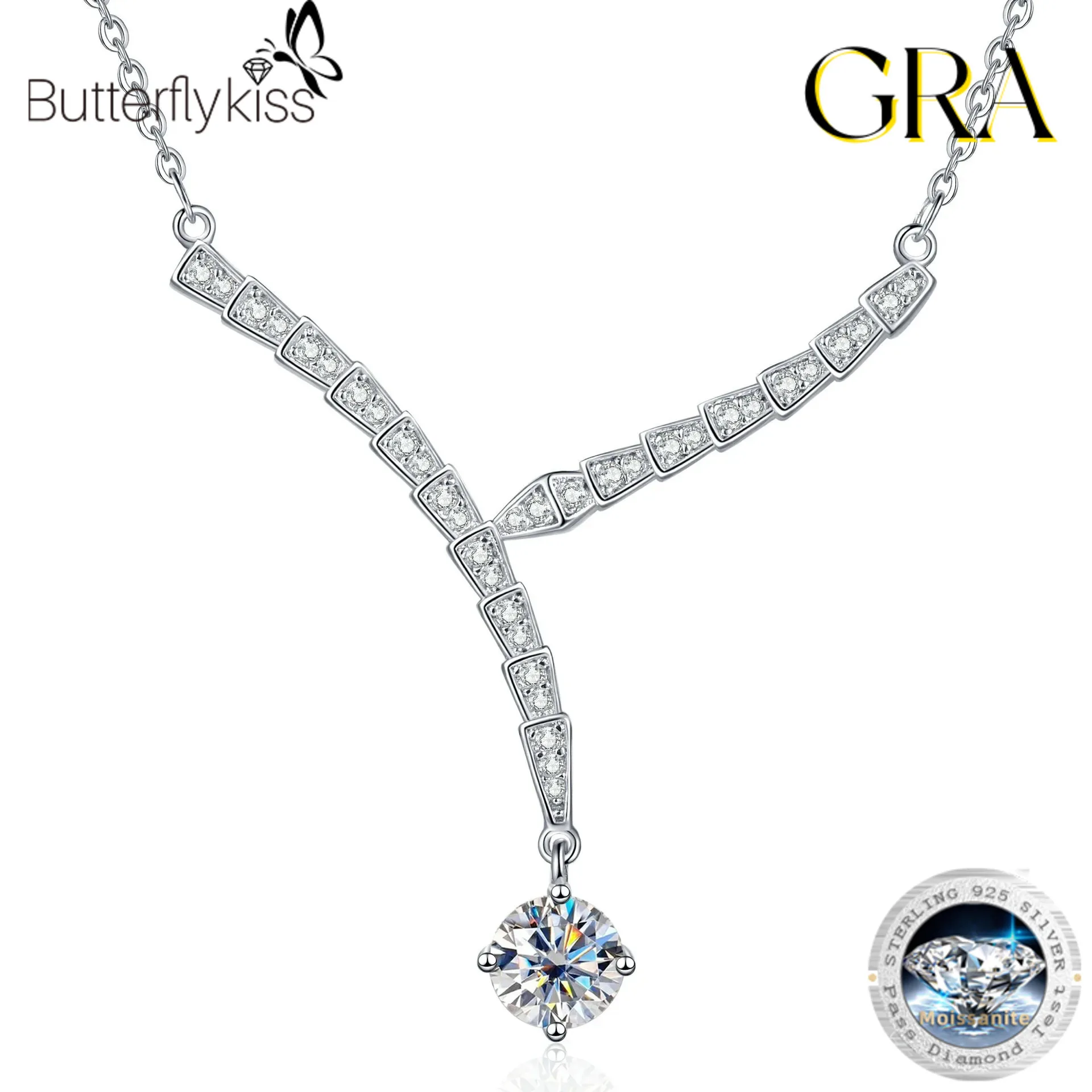 

Butterflykiss 1CT Moissanite Pendant Necklace For Women V-Shape Collarbone Neck Chain 925 Sterling Silver Lab Diamond Jewelry