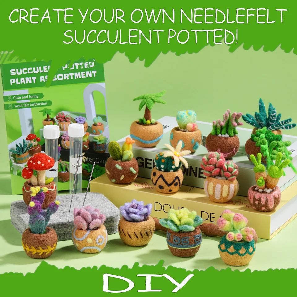 BUDDUR Succulent Potted Plant Wool Felting Kit With Instruction and Felting Needles For Beginners DIY Handmade Craft Accessories