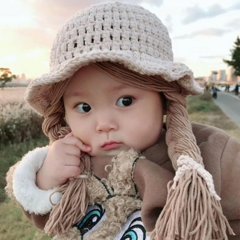 1-5 Yrs Autumn Winter Girls Hat Kids Hand Knitted Caps With Braids Children Fashion Wigs Hat Plaits Wig Bonnet Photo Accessories