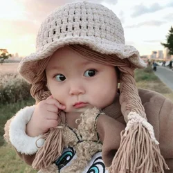 1-5 Yrs Autumn Winter Girls Hat Kids Hand Knitted Caps With Braids Children Fashion Wigs Hat Plaits Wig Bonnet Photo Accessories