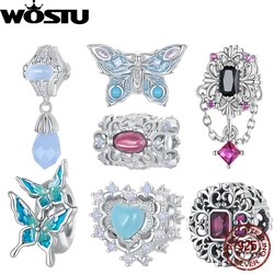 WOSTU 925 Sterling Silver Ancient Style Blue Opal Butterfly Bead Vintage Heart Charm Drop Pendant Fit Original Bracelet DIY Gift
