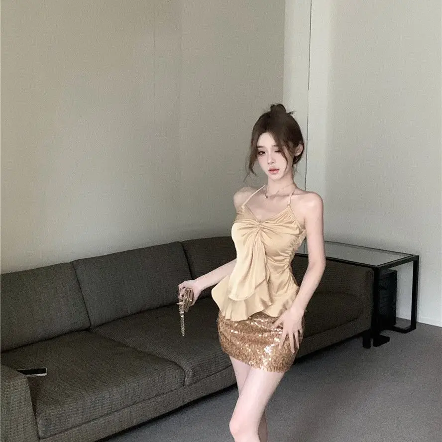 

2 Piece Sets Womens Outfits French Elegant Style High-end Designed Backless Halter Neck Pleated Short Suspender Top and Skirt