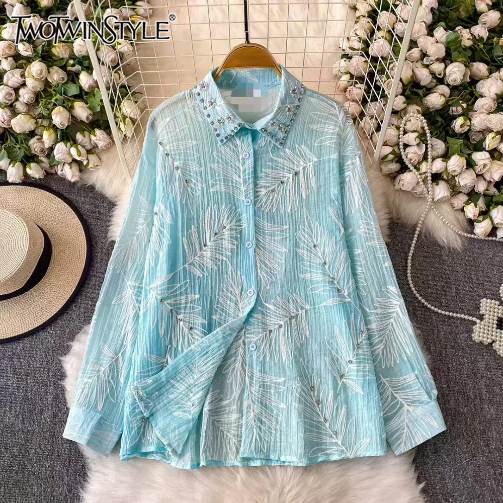 

TWOTWINSTYLE Casual Slimming Printing Blouses For Women Lapel Long Sleeve Spliced Button Chic Shirts Female Fashion KBL545601