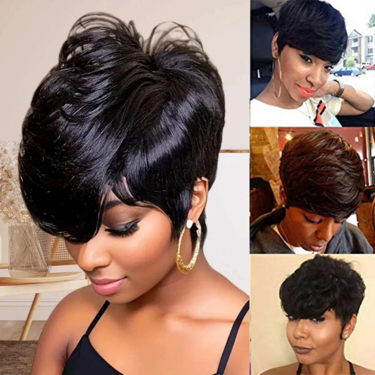 짧은 픽시컷 가발 인모 레이어드 전체 기계식 가발 1B 색상