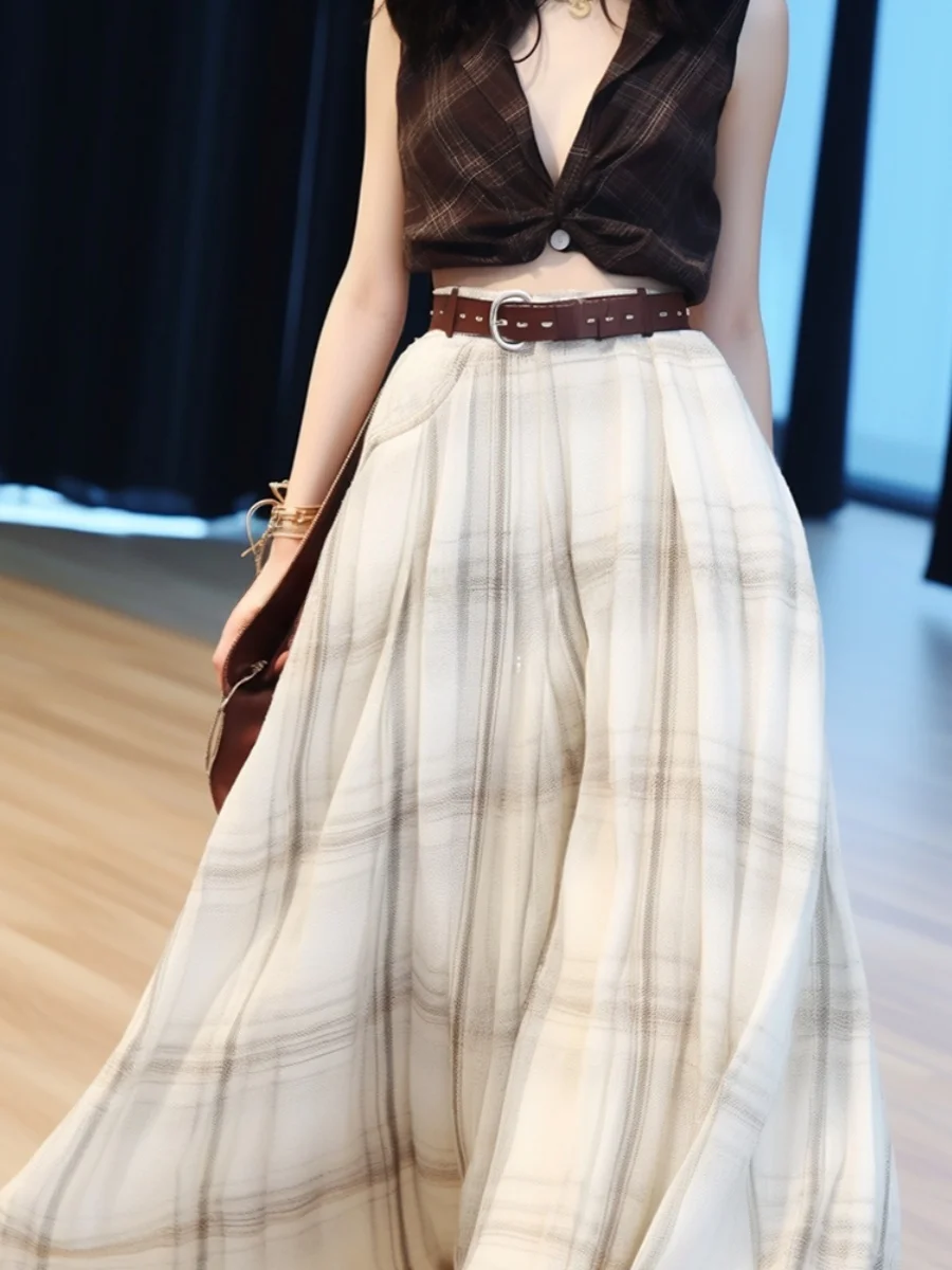 

Slimming Plaid High Waist Midi Skirt Women's Summer New Sle A-Line Skirt Retro f-length Skirt Rectangular Body pe