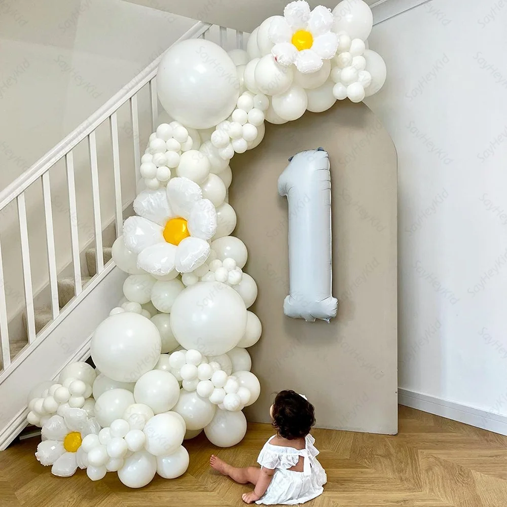 

112pcs White Balloon Garland Arch Kit Daisy Flower Foil Balloons for Birthday Anniversary Baby Shower Party Decoration Supplies