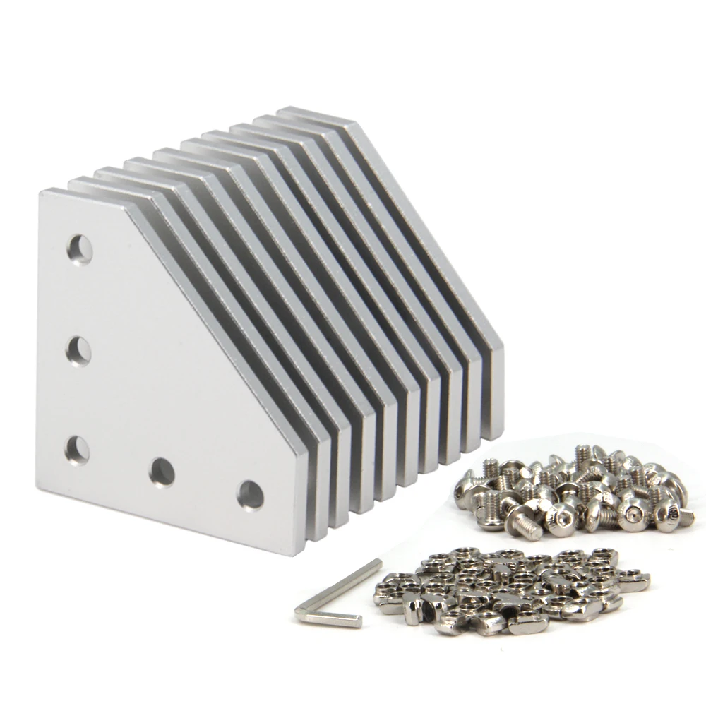 

10 шт. серебряная L-образная угловая пластина с винтами + Т-образными гайками, соединительная пластина с 5 отверстиями на 90 градусов для алюминиевого профиля серии 2020