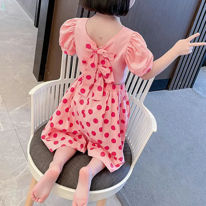 Girls Suit Dots Bow Top plus Wide Leg Middle Pants25Summer New Foreign Trade Children's Wear Delivery3-8Years Old