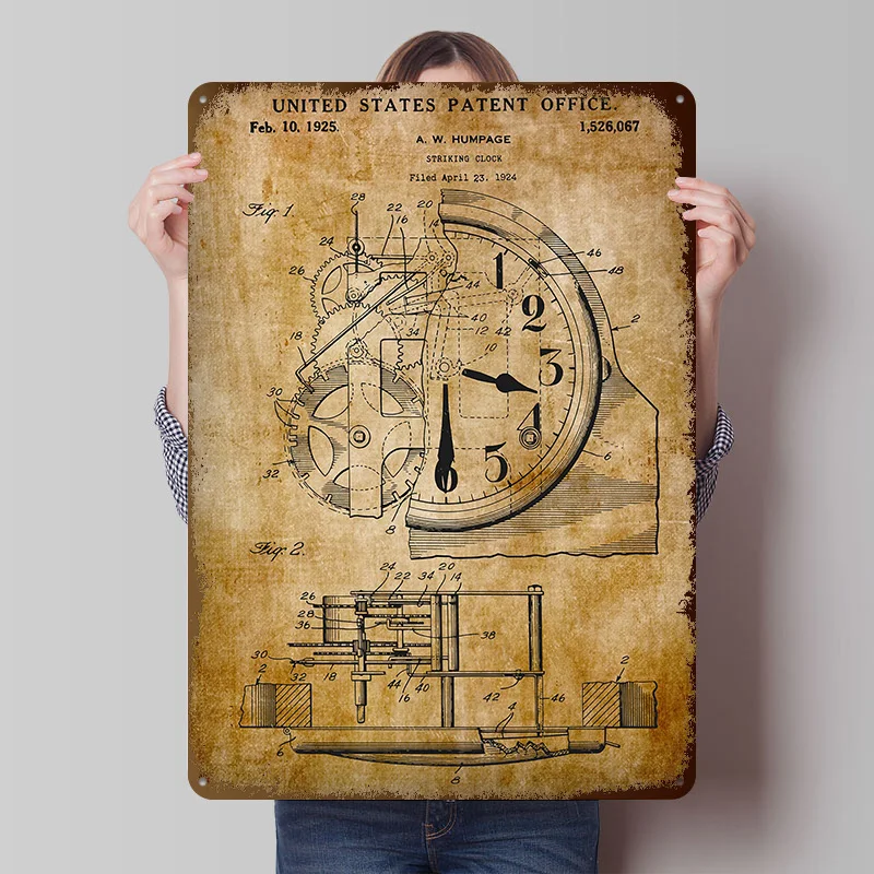 Vintage 1925 Striking Clock Patent Metal Poster Customized Wall Art Retro Vintage Tinplate Signs for Living Room Decor Wand Deko