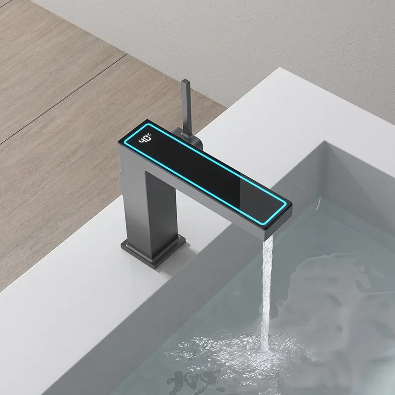 Bathroom Sink Mixer Gray Cold And Hot Water Tap Digital Display Square Single Handle Deck Mounted