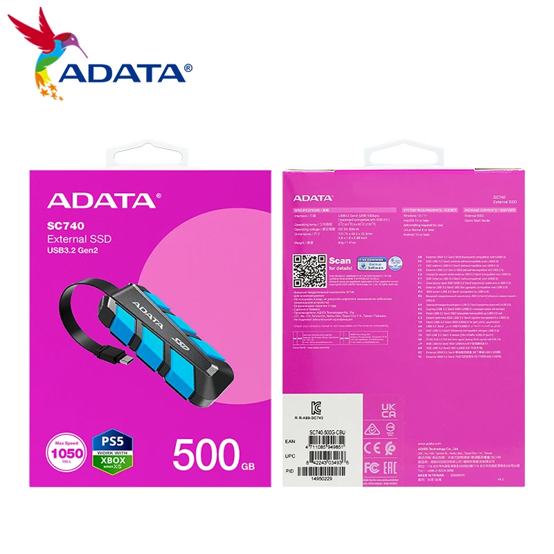 ADATA portabel Slid State Drive 500GB 1000GB USB3.2 Gen2 TYPE-C SC740 eksternal SSD hingga 1050MB/dtk baca Hard Drive untuk ponsel PC