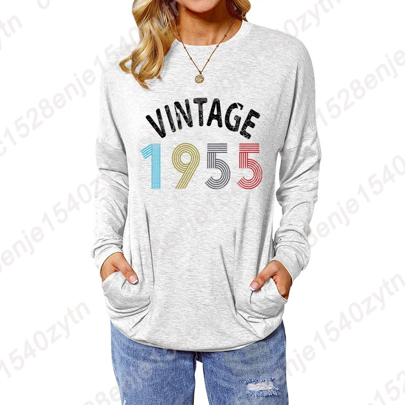 Birthday Gift Blouses Vintage 1955 Sweatshirts For Women Retro Birthday Casual Tops Solid Color New Popular Winter Pullover Tops