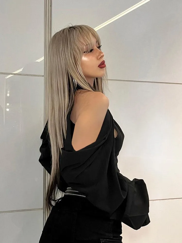 AltGoth Mall Goth Corset T-shirt Women Vintage Streetwear Aesthetic Sexy Hollow Out Button Off The Shoulder Long Sleeve Tee Tops