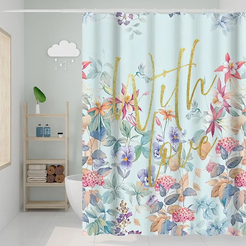 Nordic Ins Fresh Green Plant Series Decorative Printing Bath Curtain Bathroom Curtain Wet Dry Separation Hook Waterproof Curtain