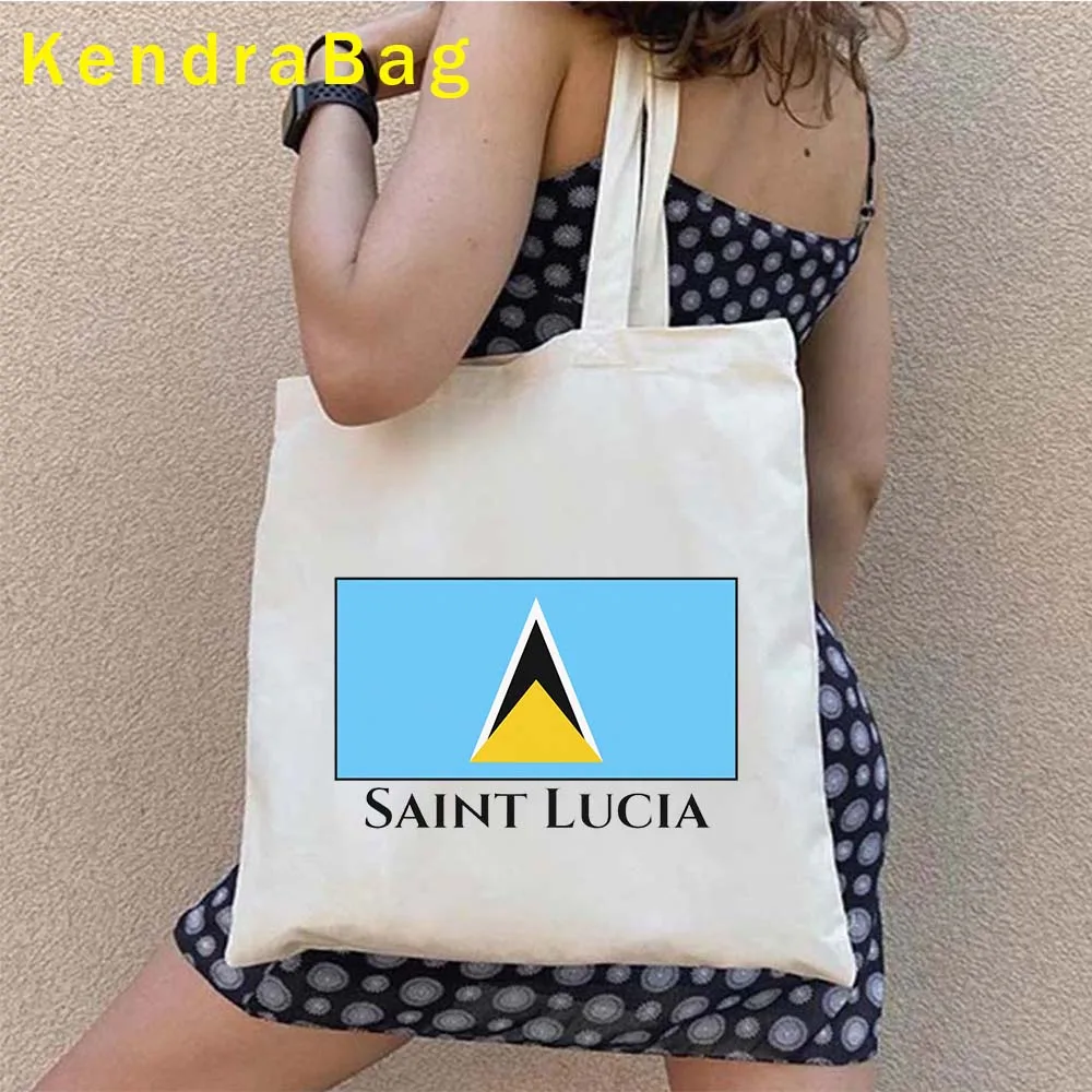 Saint Lucia Map Flag Round Emblem Sunset Patriotic Travel Gifts Women Canvas Shoulder Tote Bags Harajuku Shopper Cotton Handbags