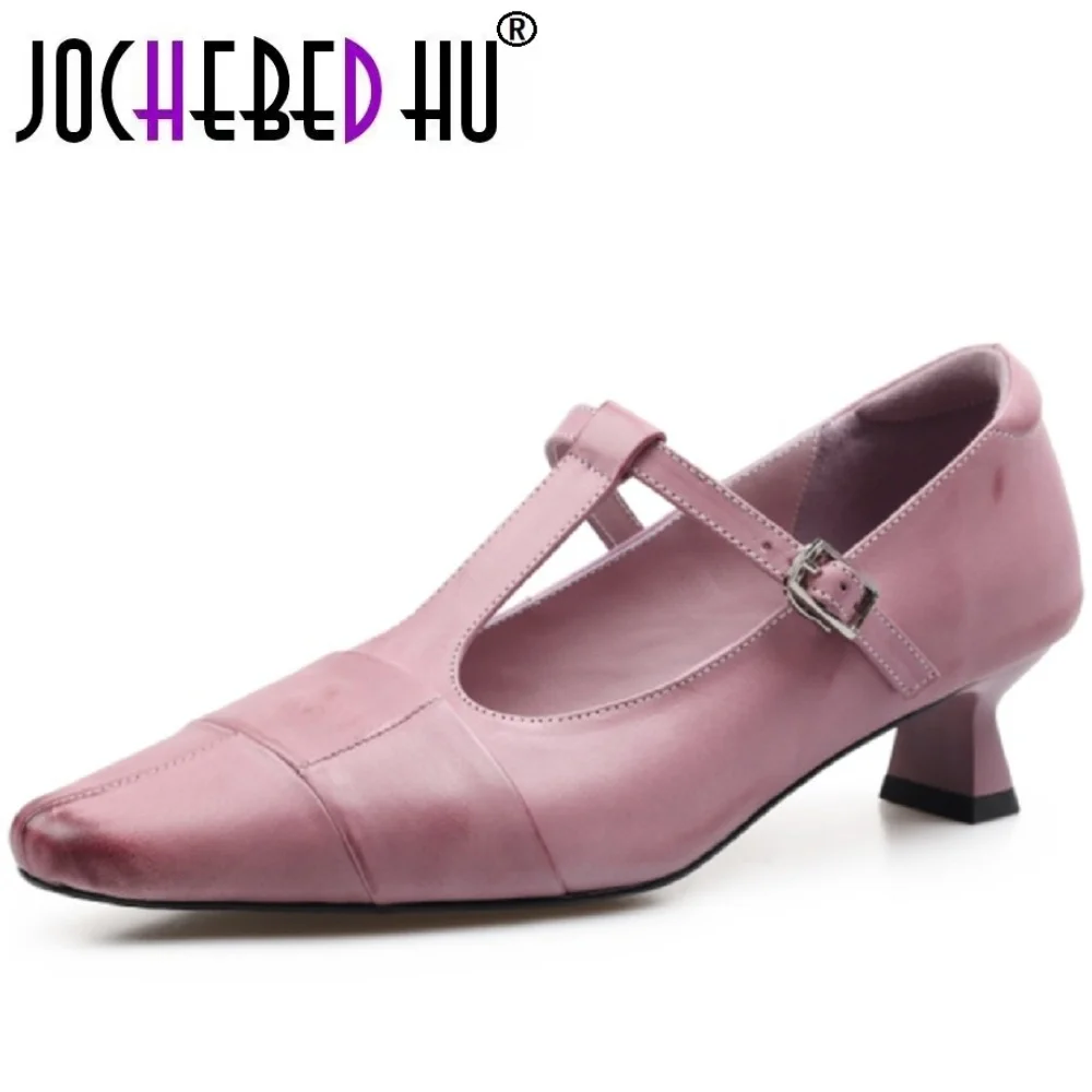 

【JOCHEBED HU】Новые женские туфли ручной работы из натуральной кожи на среднем каблуке, дышащие и удобные, с Т-образным ремешком и квадратным носком, официальные рабочие женские туфли