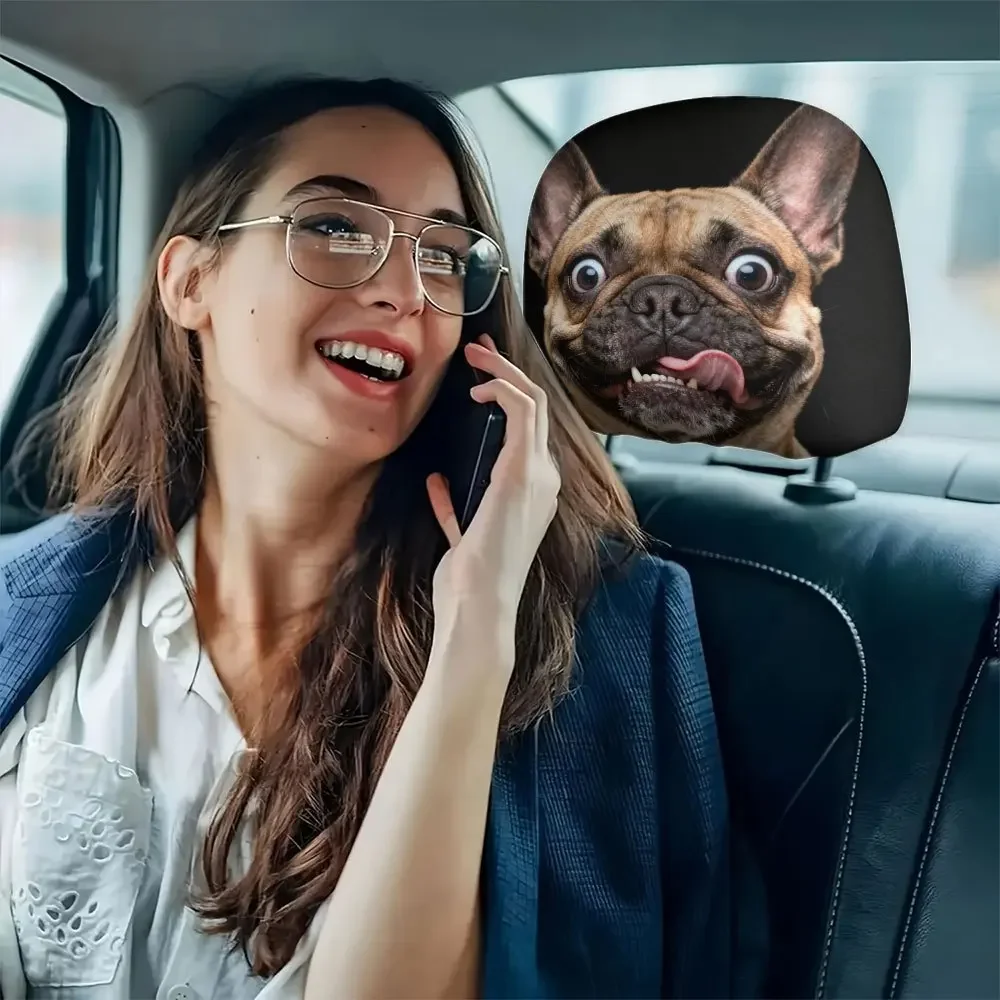 2Pcs French Bulldog With Tongue Out Funny Print Car Headrest Covers Easy To Install And Wash Perfect Funny Car Accessory