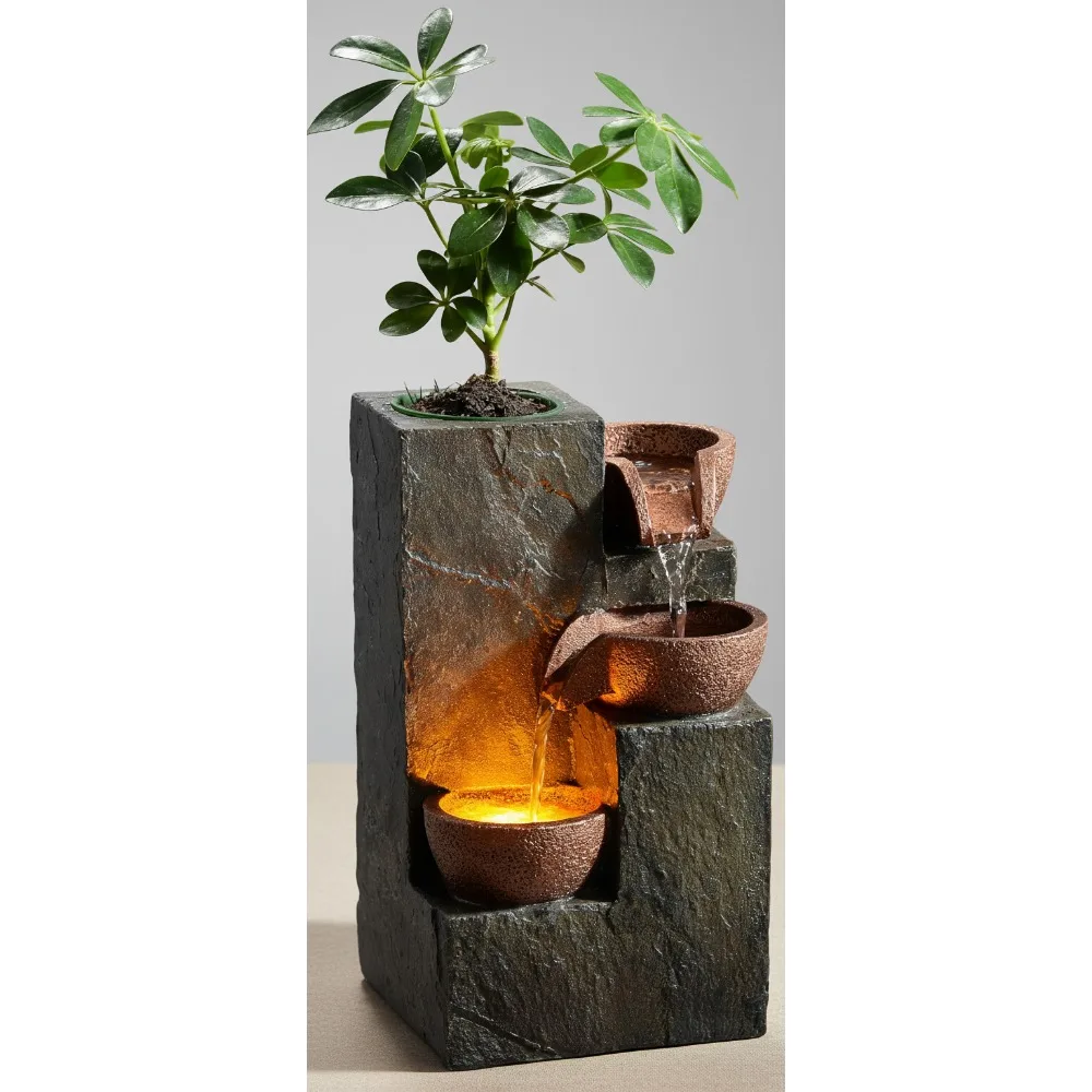 نافورة شلال صخرية من 3 طبقات مع ضوء LED دافئ وعاء زراعة DIY - ديكور مكتب مريح #1