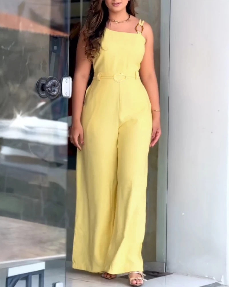 

New Fashion 2025 Summer Casual Sexy Elegant One Shoulder Thick Strap Mental Buckle Jumpsuit Womens Clothing Outfits