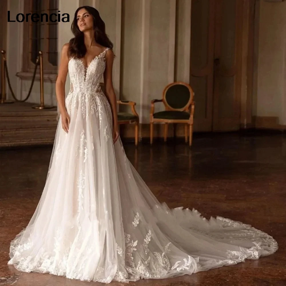 

Lorencia Exquisite A Line Lace Wedding Dress 2024 V Neck Applique Spaghetti Bridal Gowns Bride Dress Vestido De Noiva YAW131