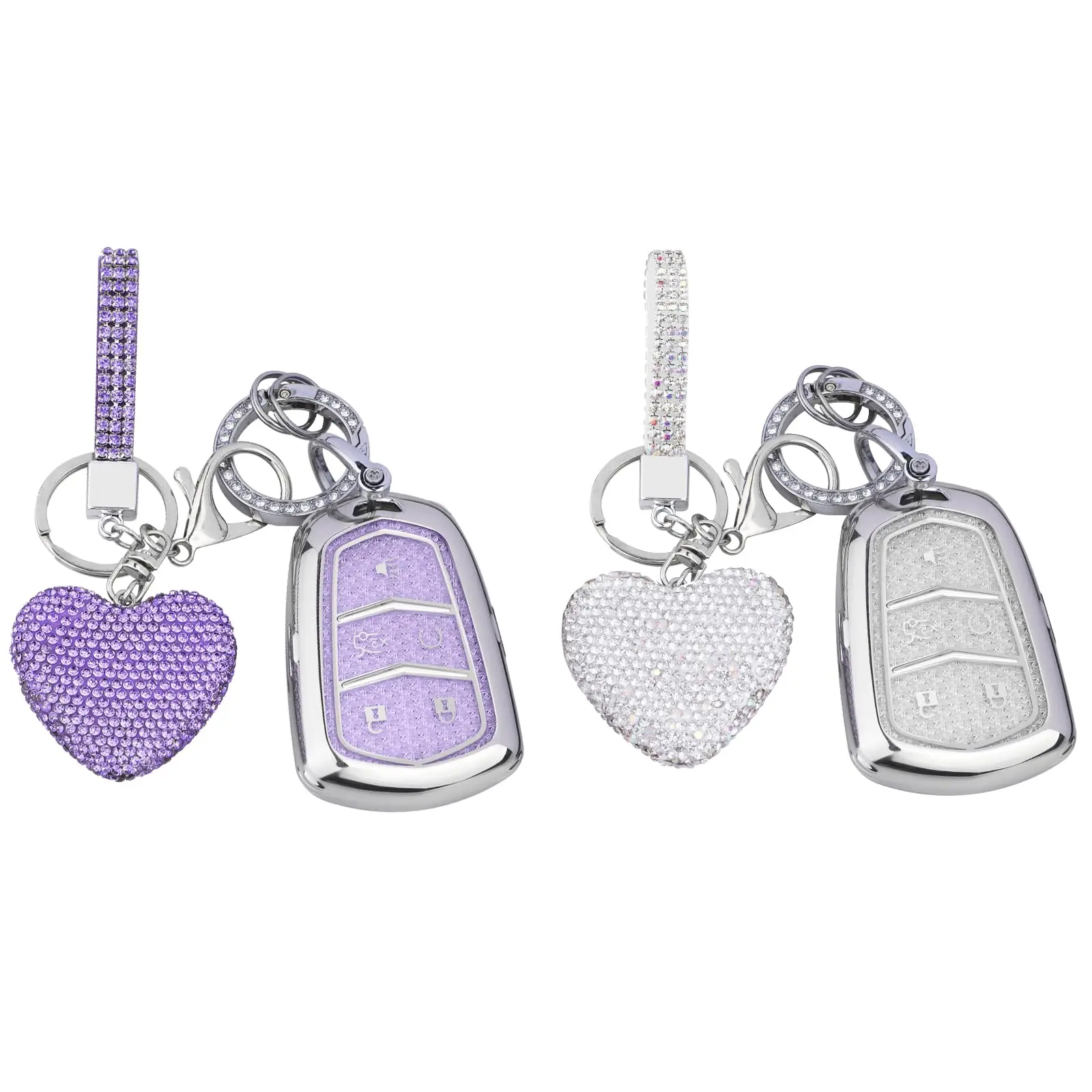 

TPU Car Key Cover With Rhinestone Heart Charm And Strap For Smart Key Fob SUV Sedan Purple Clear