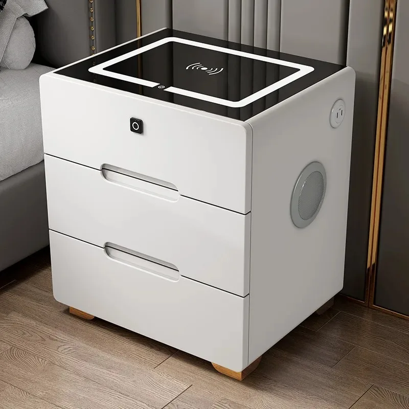 Smart Simple Modern Bedside Table with Fingerprint Lock Wooden Bluetooth Audio Bedside Lamp Wireless Charging for Living Room