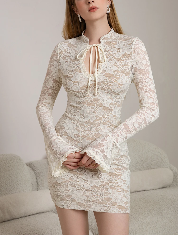 NewAsia Kant Lange Bell Mouwen Bodycon Mini-jurk met strikhals Elegante dames herfstjurk voor feest Date Night 2025, nieuwe collectie