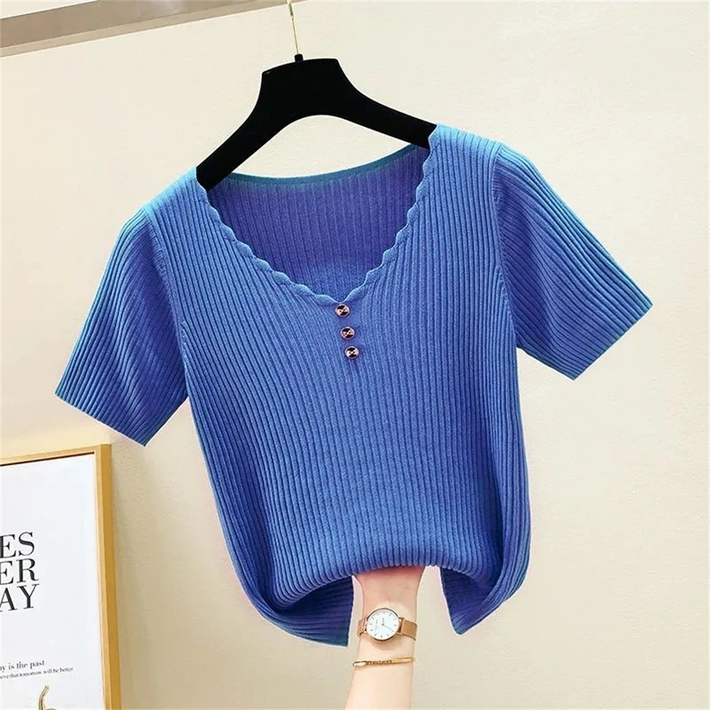 Women\'s Summer New Style Short Sleeve Vest Loose Buttons Pullover V-neck Short Sleeve Vest High Elasticity Comfortable Slim Vest