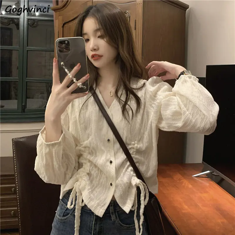 

Shirts Women Lace-up Schoolgirl Crops Tender Sweet Solid Elegant Causal Femme Autumn Slim Ulzzang V-neck Student Mujer Blusas