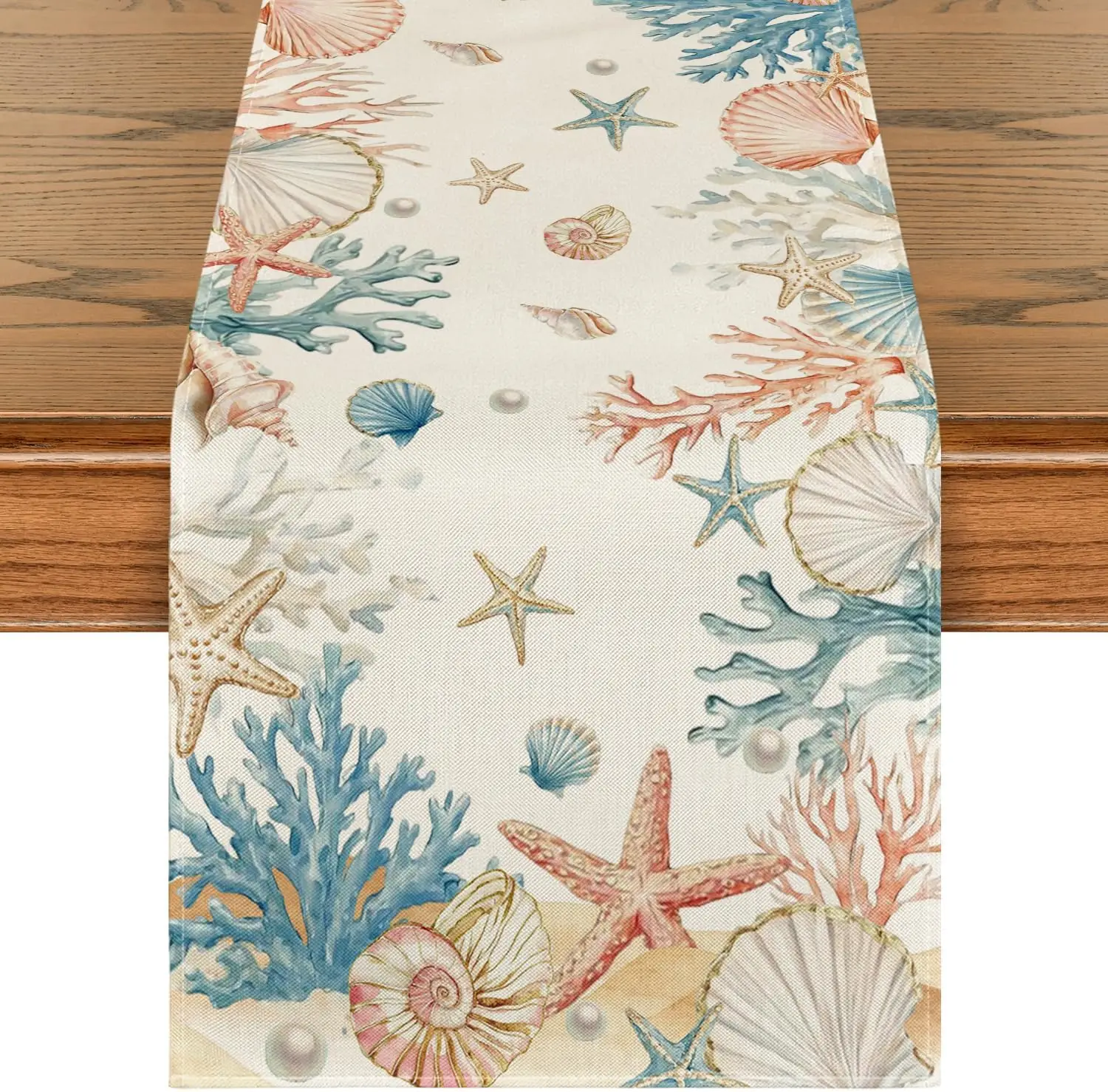 Summer Starfish Coral Shell Linen Table Runner Holiday Party Decor Reusable Kitchen Dining Table Runner Wedding Decorations