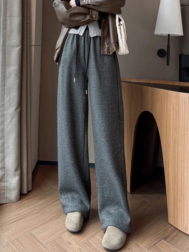 Calças Casuais Femininas de Cintura Alta com Forro, Corte Largura, Design Assimétrico, Corte Reto, Outono Inverno Novo