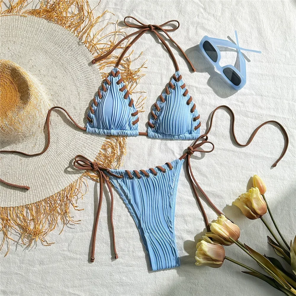 

Light Blue String Weave Micro Bikini Thong 2025 Sexy Swimsuit Women Ladies Texture Swimwear Halter Triangle Bikinis Sets Bather