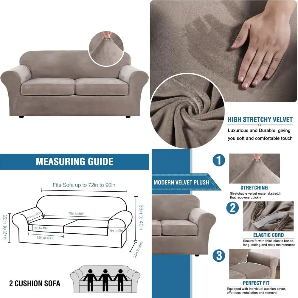 

Velvet Plush Stretch Sofa Covers Set for 2 Cushion Couches, Fits Widths up to 90 Inches, 3-Piece Couch Slipcovers