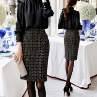 Women's Autumn Winter New High Waist Slim Split Skirts Female Knee-Length Plaid Skirts Ladies Woolen Pencil Skirts E7735