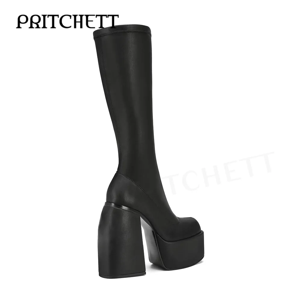 High Platform Black and White Leather Boots Round Toe Thick High Heel Elastic Tight Knee-High Boots Fashionable Women\'s Boots