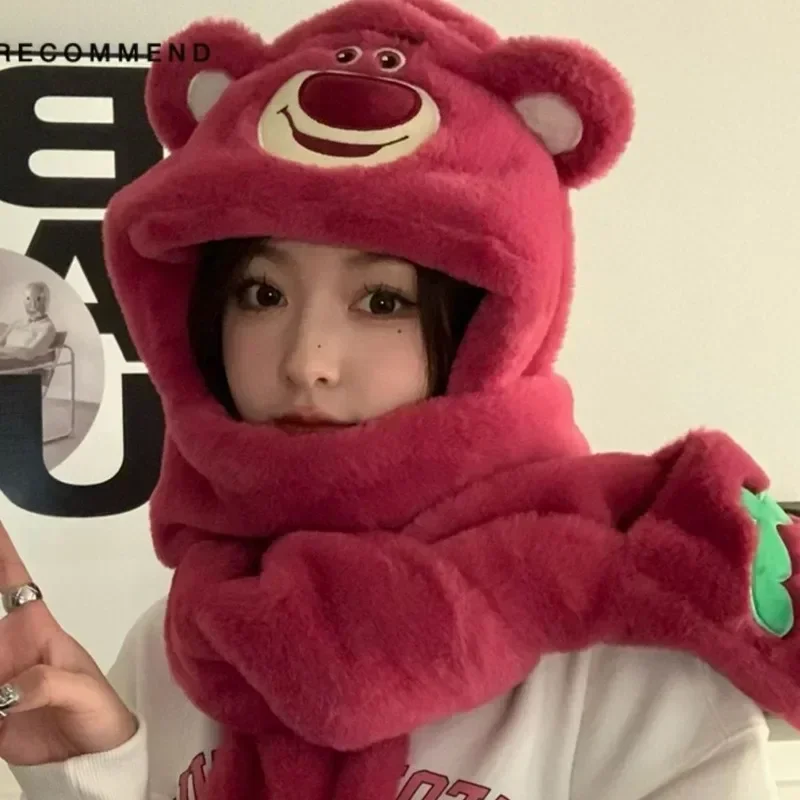 Animation peripheral Lotso winter cute furry scarf hat three-in-one warm winter gloves three-piece set kawaii surprise gift