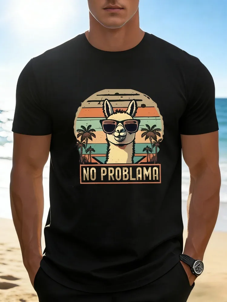 Tropical Retro Llama Wearing Shades No Problama Text Print Men T Shirt Palm Tree Sunset Cotton Short Sleeve Summer Casual Top